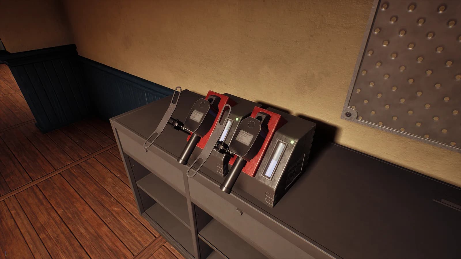 Two speed cameras on charging stands at the police station