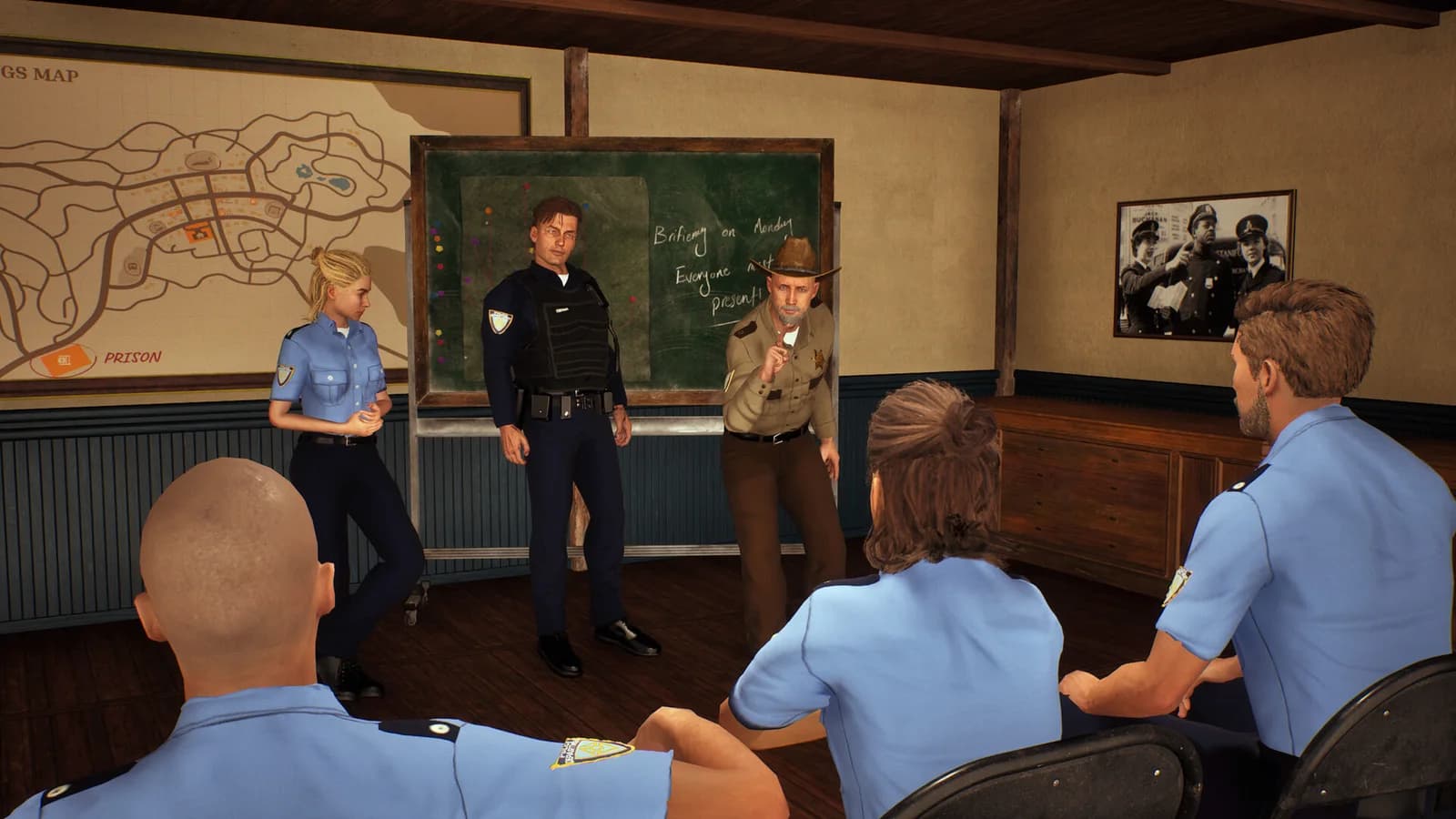 The sheriff and officers in a briefing scene from the official Demo gallery