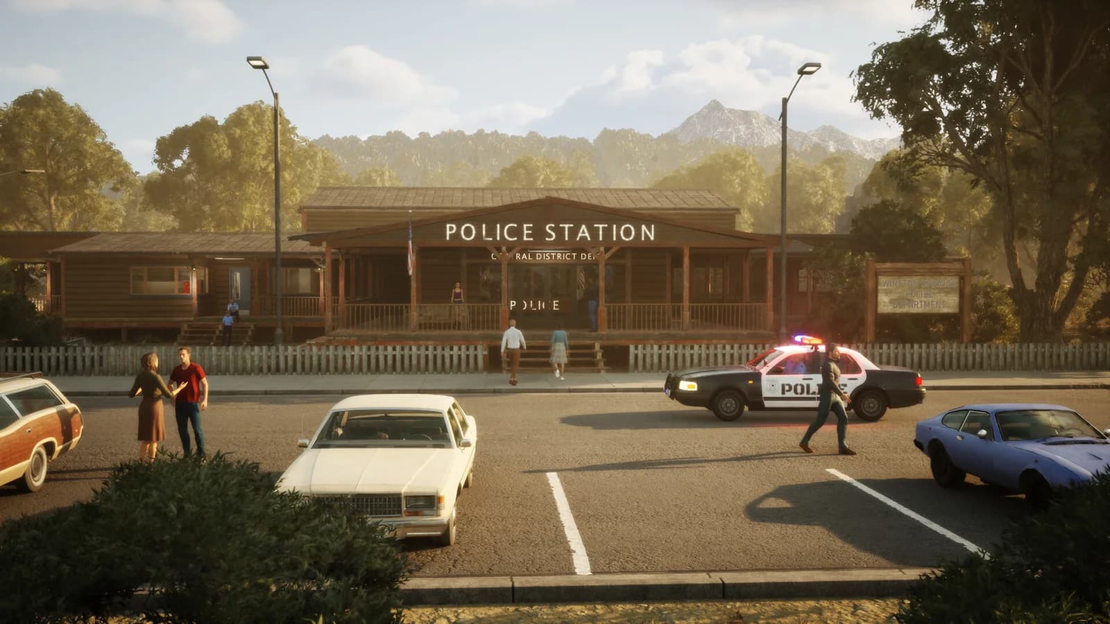 Winston Springs police station exterior with a patrol car and citizens