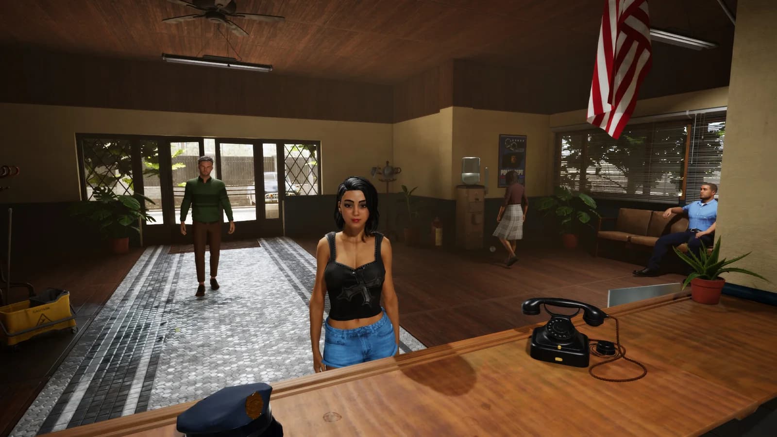 Citizens waiting at the Police Chief Simulator station reception counter
