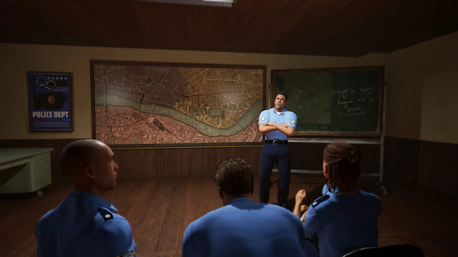 Officers attending a station briefing beside a wall map