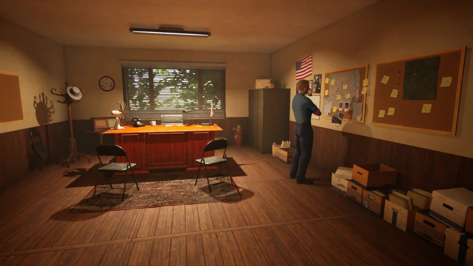 A Police Chief Simulator detective examining evidence boards in an office