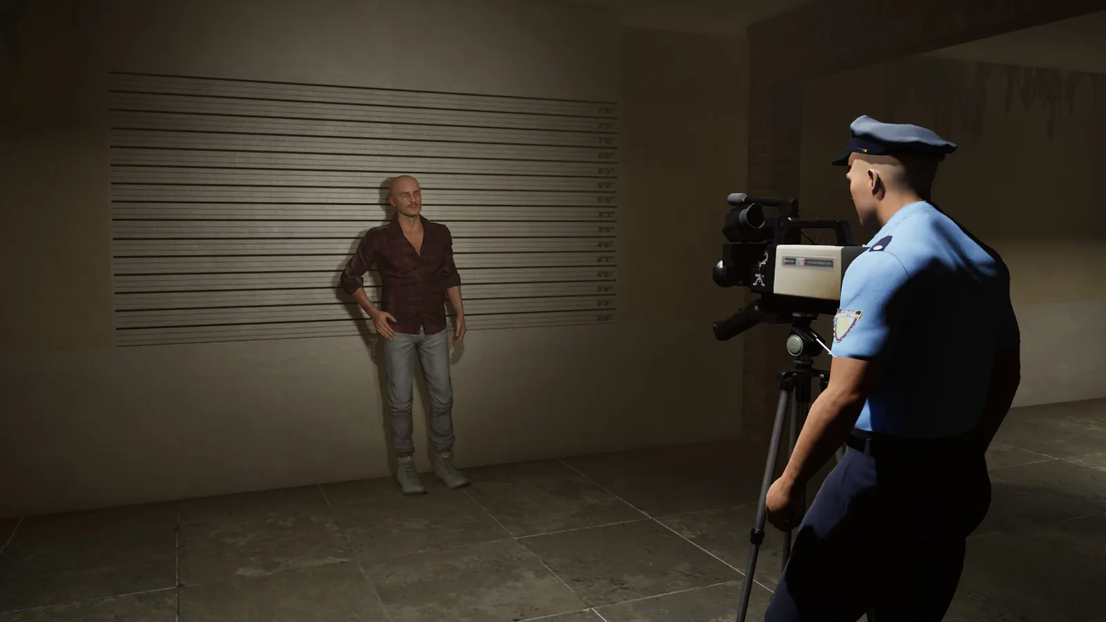 An officer photographing a suspect at the station