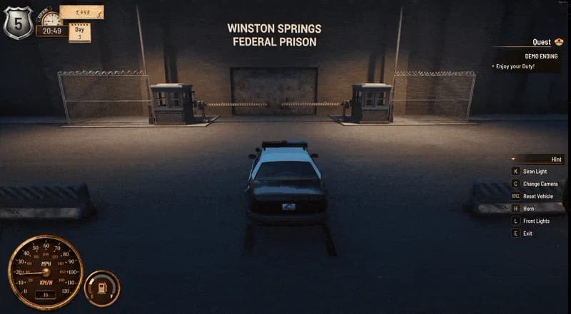 A patrol car approaching Winston Springs Federal Prison in the July Demo demonstration