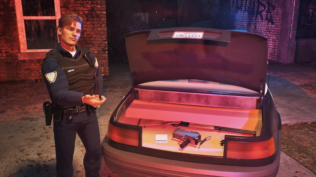 An officer beside the patrol-car equipment trunk