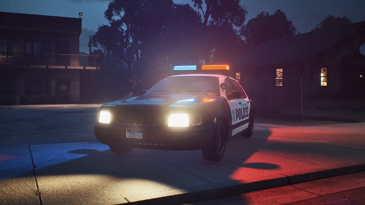 A Police Chief Simulator patrol car at night
